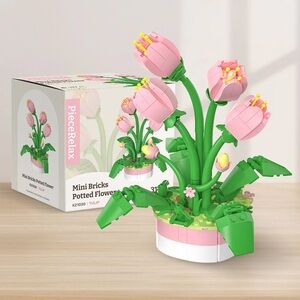 Mini Bricks Pink Tulip Potted Plant Building Set Puzzle by Piece Relax NIB 317pc